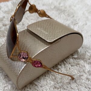 Gold-Tone Women's Sunglasses with Pink Crystal Accents